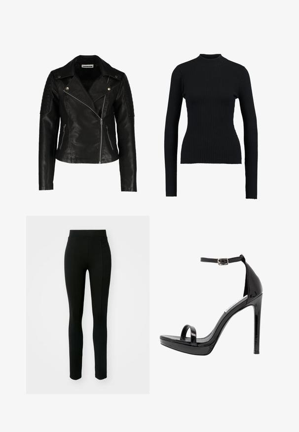 Sort læder bikerjakke med en tætsiddende design, asymmetrisk lynlås, strukturerede skuldre og to frontlommer med lynlås. Glat overflade.; Sort ribbet turtleneck sweatertype med lange ærmer og en tætsiddende pasform, der har en glat tekstur og en struktureret silhuet.; Sorte leggings lavet af strækbart materiale, med høj talje, tætsiddende pasform og to frontlommer uden synlige syninger.; Steve Madden MILANO - Højhælede sandaletter / Højhælede sandaler - black
