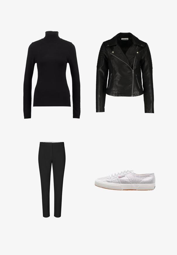 Chaqueta de motorista de cuero negro con diseño ajustado, cremallera asimétrica, hombros texturizados y dos bolsillos frontales con cremallera. Acabado suave.; Suéter negro de cuello alto hecho de una tela suave, con mangas largas y una silueta ajustada. Diseño liso sin patrones visibles ni adornos.; Pantalón de vestir negro slim fit con trabillas para cinturón y parte delantera lisa, mostrado sobre un fondo blanco liso.; Zapatillas plateadas con purpurina y suela de goma blanca, con puntera redonda, diseño de cordones y un parche con el logo en el lateral.