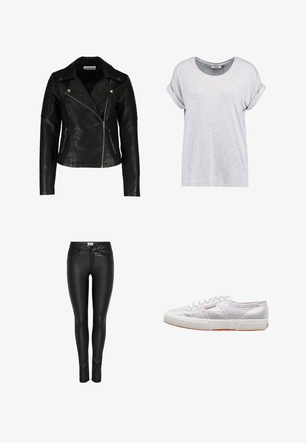 Zwarte leren motorjack met een slim-fit ontwerp, asymmetrische rits, gestructureerde schouders en twee voorzakken met rits. Gladde afwerking.; Lichtgrijze, T-shirt met korte mouwen en rond hals, met oprolmanchetten, gemaakt van zachte stof, met een relaxte pasvorm en een minimaal design.; Zwarte slim-fit faux leren broek met voorste knoop, ritsluiting en riemlussen, weergegeven op een witte achtergrond.; Zilveren glitter sneakers met een witte rubberen zool, voorzien van een ronde neus, vetersluiting en een logo-patch aan de zijkant.