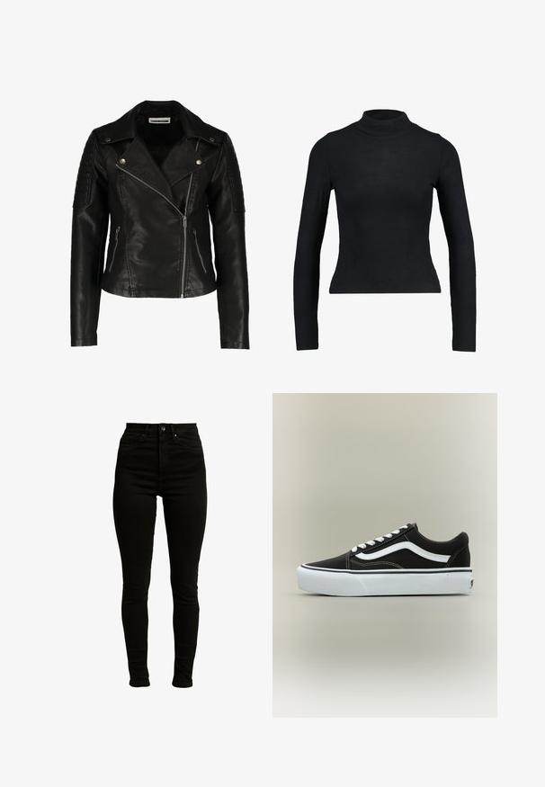Schwarze Leder-Bikerjacke mit einer taillierten Passform, asymmetrischem Reißverschluss, strukturierten Schultern und zwei vorderen Reißverschlusstaschen. Glatte Oberfläche.; Schwarzes Langarm-Turtleneck-Oberteil aus geripptem Stoff, mit einer taillierten Passform und schlanker Silhouette. Keine Muster oder Akzente.; Schwarze hochgeschnittene Skinny-Jeans aus Denim mit leichtem Stretch, ausgestattet mit einem Reißverschluss, einem einzelnen Knopfverschluss und einem Fünf-Taschen-Design.; Niedriger schwarzer Sneaker mit weißem Seitenstreifen, weißen Schnürsenkeln, weißer Gummisohle und strukturierter Zehenkappe auf neutralem Hintergrund.