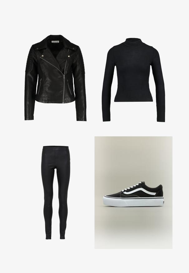 Sort læder bikerjakke med en tætsiddende design, asymmetrisk lynlås, strukturerede skuldre og to frontlommer med lynlås. Glat overflade.; Sort langærmet turtleneck top lavet af ribbet stof, med en tætsiddende design og slank silhuet. Ingen mønstre eller detaljer.; Sorte læderleggings med høj talje, glat tekstur og tætsiddende pasform fra talje til ankel.; Lavtop sort sneaker med hvid side stribe, hvide snørebånd, hvid gummisål og tekstureret tåhætte på neutral baggrund.