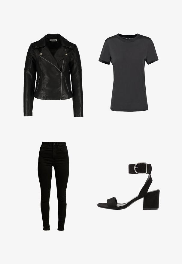 Sort læder bikerjakke med en tætsiddende design, asymmetrisk lynlås, strukturerede skuldre og to frontlommer med lynlås. Glat overflade.; Sort kortærmet t-shirt lavet af glat stof. Har en rund halsudskæring uden synlige mønstre eller detaljer, hvilket giver et enkelt design.; Sorte højtaljede skinny jeans fremstillet af denim med let stræk, med lynlås, enkelt knaplukning og fem-lomme design.; Sorte ruskinds hælede sandaler med ankelrem, sølv spænde, åben tå og blokhæl. Flad sål og minimalistisk design.