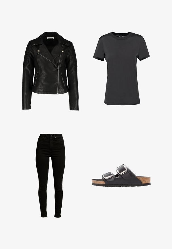 Schwarze Leder-Bikerjacke mit einer taillierten Passform, asymmetrischem Reißverschluss, strukturierten Schultern und zwei vorderen Reißverschlusstaschen. Glatte Oberfläche.; Schwarzes T-Shirt mit kurzen Ärmeln aus glattem Stoff. Verfügt über einen Rundhalsausschnitt ohne sichtbare Muster oder Akzente und bietet ein einfaches Design.; Schwarze hochgeschnittene Skinny-Jeans aus Denim mit leichtem Stretch, ausgestattet mit einem Reißverschluss, einem einzelnen Knopfverschluss und einem Fünf-Taschen-Design.; Schwarze Sandale mit zwei verstellbaren Riemen, silbernen Schnallen und einem Korkfußbett auf einer strukturierten schwarzen Gummisohle.