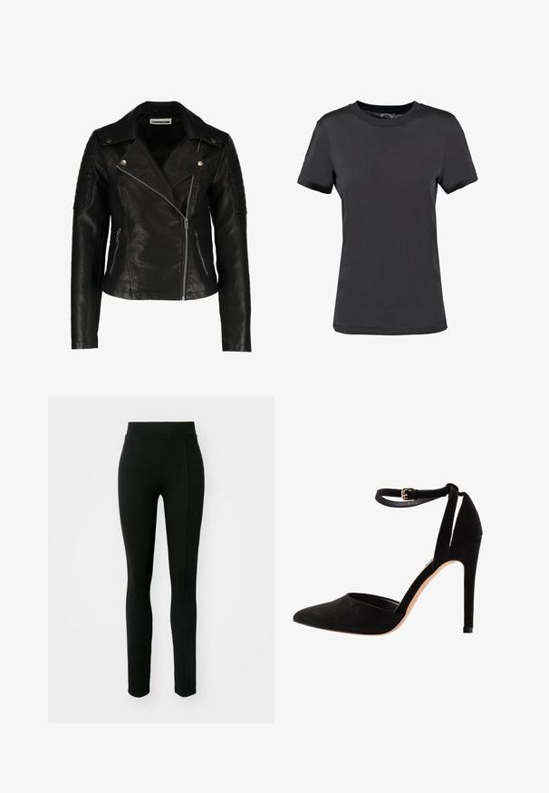 Veste de motard en cuir noir avec une coupe ajustée, fermeture éclair asymétrique, épaules texturées et deux poches zippées à l'avant. Fini lisse.; T-shirt noir à manches courtes en tissu lisse. Présente un col rond sans motifs ni accents visibles, offrant un design simple.; Leggings noirs en matière extensible, dotés d'une taille haute, d'une coupe slim et de deux poches avant sans coutures visibles.; Escarpins en suède noir avec un bout pointu, une bride à la cheville et un talon aiguille. Le design présente une texture lisse avec un minimalisme dans les détails.