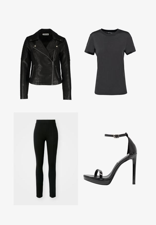 Sort læder bikerjakke med en tætsiddende design, asymmetrisk lynlås, strukturerede skuldre og to frontlommer med lynlås. Glat overflade.; Sort kortærmet t-shirt lavet af glat stof. Har en rund halsudskæring uden synlige mønstre eller detaljer, hvilket giver et enkelt design.; Sorte leggings lavet af strækbart materiale, med høj talje, tætsiddende pasform og to frontlommer uden synlige syninger.; Steve Madden MILANO - Højhælede sandaletter / Højhælede sandaler - black