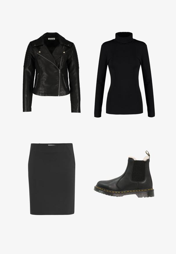 Chaqueta de motorista de cuero negro con diseño ajustado, cremallera asimétrica, hombros texturizados y dos bolsillos frontales con cremallera. Acabado suave.; Top negro de manga larga tipo cuello alto, hecho de una tela suave y elástica con una silueta ajustada y un cuello alto. Sin patrones ni adornos.; Falda lápiz negra hasta la rodilla con corte recto y cierre lateral con cremallera.; Botín negro de cuero con paneles laterales texturizados, suave forro de piel sintética blanca, costuras amarillas y una suela de goma duradera.