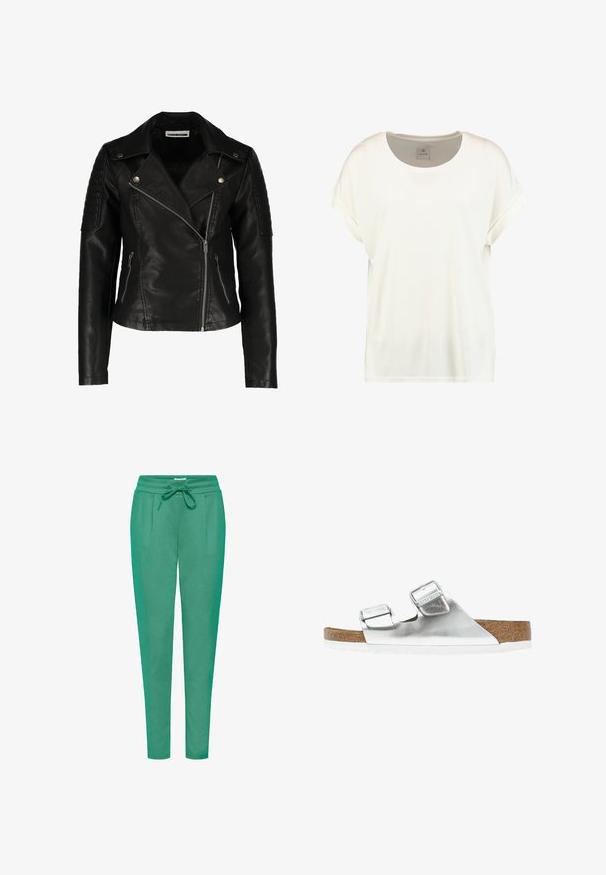 Chaqueta de motorista de cuero negro con diseño ajustado, cremallera asimétrica, hombros texturizados y dos bolsillos frontales con cremallera. Acabado suave.; Camiseta blanca lisa de manga corta con cuello redondo, mangas con puños y una pequeña etiqueta de tela en el interior del cuello que dice "Culture."; Pantalones jogger verdes de tela suave, con una cintura elástica, cierre con cordón y dos bolsillos laterales, con un diseño ajustado.; Sandalia metálica plateada con dos correas ajustables, planta de corcho y suela blanca. Superficie superior suave con un acabado brillante.