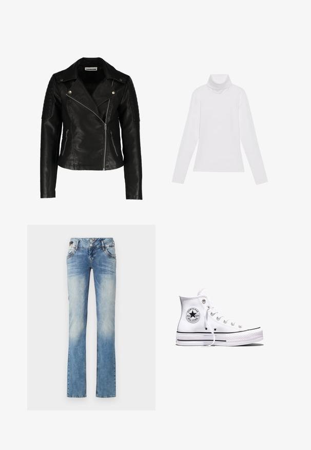 Zwarte leren motorjack met een slim-fit ontwerp, asymmetrische rits, gestructureerde schouders en twee voorzakken met rits. Gladde afwerking.; Witte lange mouw turtleneck top gemaakt van glad, elastisch materiaal. Voorzien van een hoge kraag en een getailleerd ontwerp, zonder zichtbare patronen of versieringen.; Lichtblauwe denim jeans met een rechte pijp, voorzien van een vijfknopen sluiting, voorzakken en subtiele vervagingdetails.; Witte Converse Chuck Taylor All Star sneaker met hoge schacht, zwarte strepen en logo-patch aan de zijkant, weergegeven tegen een effen witte achtergrond.