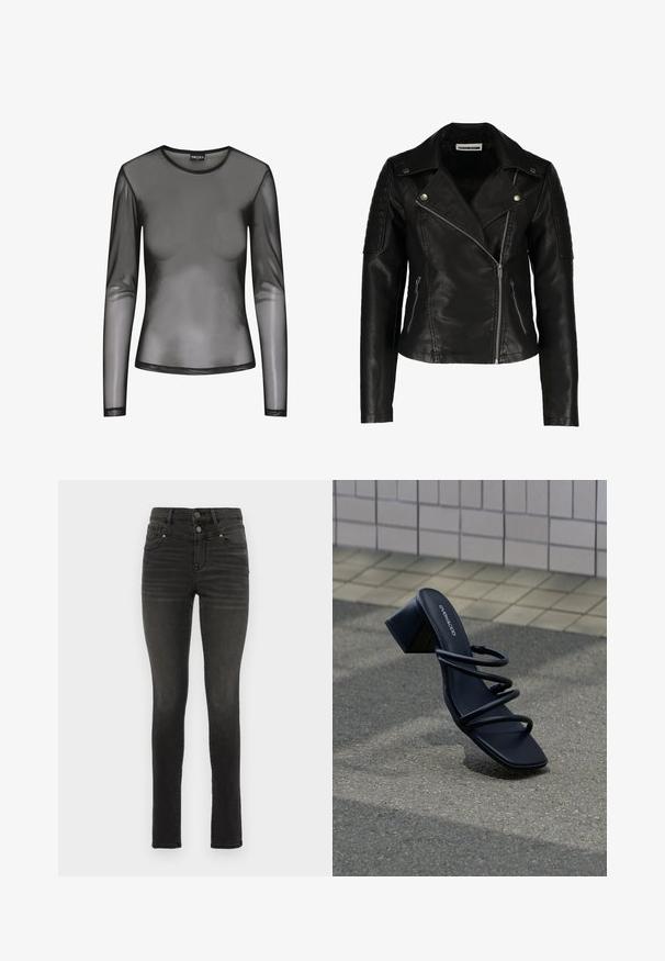Chaqueta de motorista de cuero negro con diseño ajustado, cremallera asimétrica, hombros texturizados y dos bolsillos frontales con cremallera. Acabado suave.; Top negro de manga larga de malla con escote redondo, con tela transparente y forma ajustada. Los bordes están acabados con costuras negras.; Pantalones vaqueros ajustados negros de denim con cintura alta, que cuentan con doble botón, cinco bolsillos y un sutil desvanecimiento a lo largo de las piernas.; Sandalia negra con punta cuadrada, tres tiras finas y tacón grueso sobre pavimento cerca de pared de azulejos.