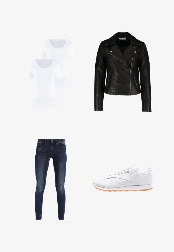 Chaqueta de motorista de cuero negro con diseño ajustado, cremallera asimétrica, hombros texturizados y dos bolsillos frontales con cremallera. Acabado suave.; Dos camisetas blancas de manga corta con cuello redondo, hechas de suave tela de algodón, que presentan una textura lisa y un diseño limpio.; Jeans skinny fit en denim azul oscuro, con un lavado desteñido, cinco bolsillos y cierre de botón. Diseño clásico sin acentos de hardware visibles.; Zapatilla deportiva de cuero blanco con superficie texturizada, suela de goma naranja y logo de Reebok en el lateral y en la lengüeta. Cierre de cordones estándar.