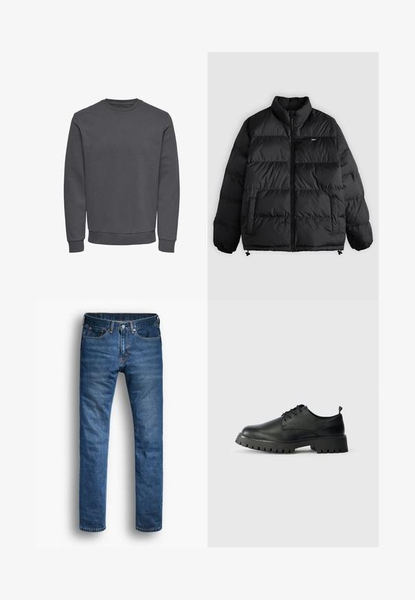 Schwarze Steppjacke mit hohem Kragen, Frontreißverschluss, zwei Seitentaschen, elastischen Bündchen und kleinem Markenlogo auf der Brust.; Grauer Pullover aus weichem Stoff mit Rundhalsausschnitt, langen Ärmeln sowie gerippten Bündchen und Saum für eine enge Passform. Keine Muster oder Logos.; Blaue Jeans aus Denim mit geradem Schnitt. Merkmale sind fünf Taschen, ein Knopfverschluss und kontrastierende orangefarbene Nähte an den Nähten.; Schwarze Leder Schnürschuhe mit runder Spitze, strukturierten Oberflächen und dicker Gummisohle mit tiefen Profilen für besseren Grip.