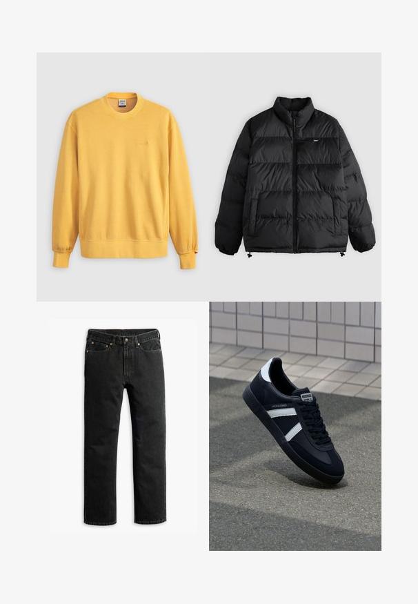 Veste matelassée noire avec col montant, fermeture éclair frontale, deux poches latérales, poignets élastiques et petit logo de la marque sur la poitrine.; Sweat-shirt jaune à manches longues, col rond et poignets côtelés. Présente un petit logo de marque brodé sur la poitrine. Texture douce.; Jean en denim noir à jambe droite avec cinq poches, passants de ceinture et fermeture par bouton à la taille, disposé à plat sur un fond blanc.; Sneaker en cuir noir avec des rayures blanches, semelle en caoutchouc texturée et devant à lacets. Présente une étiquette de marque sur la languette.