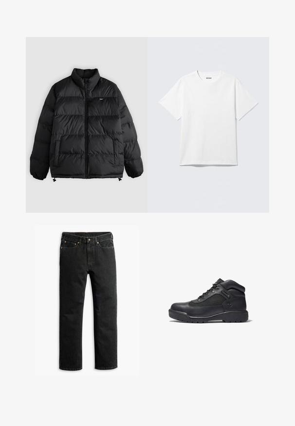 Zwart gewatteerd jack met hoge kraag, ritssluiting aan de voorkant, twee zijzakken, elastische manchetten en klein merklogo op de borst.; Witte T-shirt met korte mouwen en ronde hals, plat gelegd, effen ontwerp, met een "WEEKDAY" label in de kraag op een lichte achtergrond.; Zwarte rechte spijkerbroek met vijf zakken, riemlussen en een knoopsluiting in de taille, plat gelegd op een witte achtergrond.; Zwarte wandelschoen van leer en mesh, met een gevoerde kraag, vetersluiting, rubberen zool met profiel en een geperst logo.