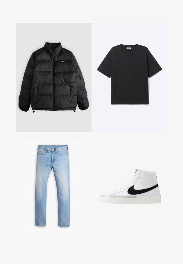Veste matelassée noire avec col montant, fermeture éclair frontale, deux poches latérales, poignets élastiques et petit logo de la marque sur la poitrine.; T-shirt noir à manches courtes avec col rond, coupe décontractée, vue de face, design uni et étiquette de la marque Weekday visible à l’intérieur du col.; Jean en denim bleu clair avec une coupe droite, cinq poches et un bouton de fermeture. Présente un léger délavage et des accents de couture orange.; Baskets montantes blanches avec un swoosh noir, un capuchon de pied texturé gris et une semelle plate blanche. Elles possèdent six œillets et des accents cousus.