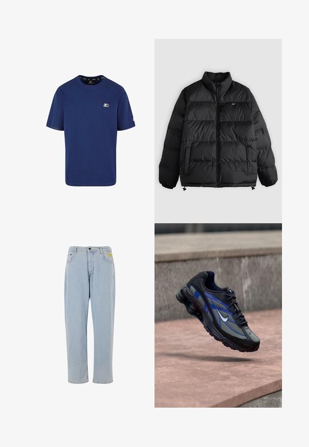 Must sulejope kõrge kraega, esilukk, kaks küljetaskut, elastsed mansetid ja väike brändilogo rinnal.; Tumed sinine T-särk, mis on valmistatud puuvillast; lühikesed varrukad; ringkaelus; vasakpoolsel rinnal on väike logo ja varrukal aksent.; Heledad sinine teksapüksid, laia lõikega, sirgete sääremägedega, viie taskuga ja nähtava kollase logoga parema tasku kohal.; Must ja sinine spordijalats valge logoga, hõljumas roosaka kivipinna kohal halli betooni taustal.