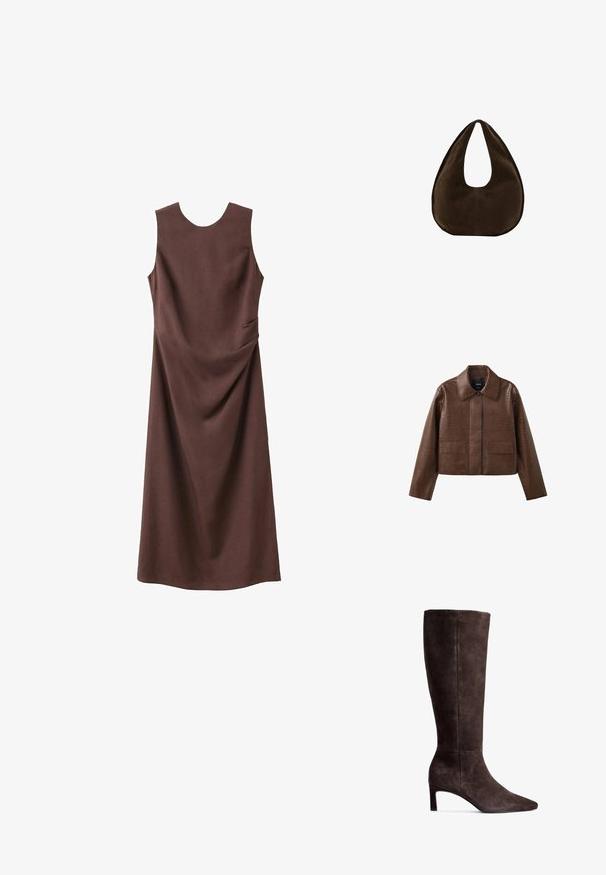 Bruine korte jas met gestructureerd kunstleer, brede kraag, knoopsluiting aan de voorkant en twee klepzakken.; Mouwloze bruine midijurk met ronde halslijn en subtiel zijdepouce-detail op witte achtergrond.; Bruine suede kniehoge laars met een puntige neus en een hak van 7,5 cm. Glad textuur, slanke silhuet en minimalistisch ontwerp.; Donkerbruine suède handtas in halve maanvorm met een enkele brede riem en een gladde textuur op een witte achtergrond.