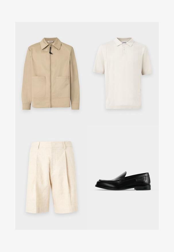 Veste beige à fermeture éclair avec col, deux poches plaquées à l'avant, manches longues, et tire-zip noir sur fond blanc uni.; Polo crème à manches courtes avec trois boutons et de subtiles rayures perforées verticales à l'avant.; Short en lin beige avec taille haute, plis avant, passants de ceinture et coupe droite longueur genoux.; Mocassin noir en cuir à enfiler avec un petit talon, un bout arrondi et des surpiqûres décoratives le long du bord supérieur.