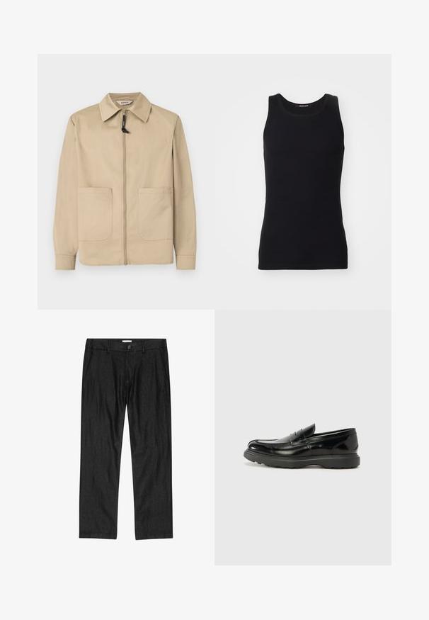 Veste beige à fermeture éclair avec col, deux poches plaquées à l'avant, manches longues, et tire-zip noir sur fond blanc uni.; Débardeur noir en matériau lisse et extensible. Doté d'un col rond et sans manches, avec une coupe ajustée et un design simple.; Pantalon droit pour homme noir avec bouton à l'avant, braguette à glissière et poches latérales, présenté à plat sur fond blanc.; Mocassin en cuir noir avec une finition brillante, bout arrondi, détails de couture subtils et semelle en caoutchouc épaisse pour la durabilité.