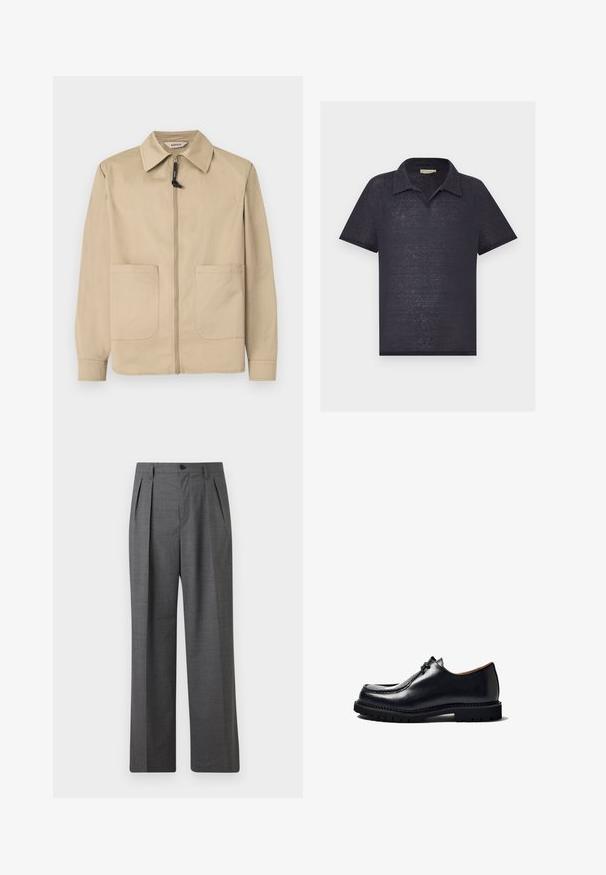 Beige jas met ritssluiting en kraag, twee opgestikte zakken aan de voorkant, lange mouwen en een zwart ritstrekker tegen een effen witte achtergrond.; Donker marineblauw poloshirt met korte mouwen, gemaakt van een zachte, semi-transparante, gestructureerde stof en een klassieke kraag.; Grijze geplooide formele broek met een knoopsluitbare tailleband en zijzakken, weergegeven tegen een effen achtergrond.; Zwarte leren schoen met een ronde neus, vetersluiting, gestikte details en een gestructureerde rubberen zool. Gladde oppervlakte met een glanzende afwerking.