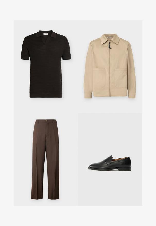 Veste beige à fermeture éclair avec col, deux poches plaquées à l'avant, manches longues, et tire-zip noir sur fond blanc uni.; Polo en maille noire à manches courtes avec des rayures horizontales texturées et un col plié avec une ouverture en V.; Pantalon marron taille haute à jambes droites avec fermeture à bouton et zip, passants de ceinture et devant lisse sur fond blanc.; Mocassin en cuir noir avec un bout arrondi, des coutures subtiles et un talon bas, présentant une texture lisse et un design minimaliste.