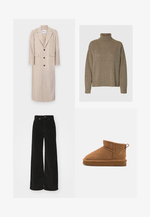 Beige lange jas met verticale strepen, gemaakt van textuurstof, met een gekantelde kraag, drie knopen en twee zijzakken.; Turtlenecktrui in een zachte bruine brei. Heeft brede ribgebreide manchetten en zoom, met een relaxte pasvorm en een gestructureerd oppervlak.; Zwarte corduroy wijde broek met een hoge taille, voorzien van twee voorkruimels en een metalen knoopsluiting. Textiel met verticale ribbels.; Bruine suède enkellaarsjes met een ronde neus, eenvoudig ontwerp, lage profiel en een trekstrip aan de achterkant voor gemakkelijk aan- en uittrekken. Zachte binnenvoering zichtbaar.