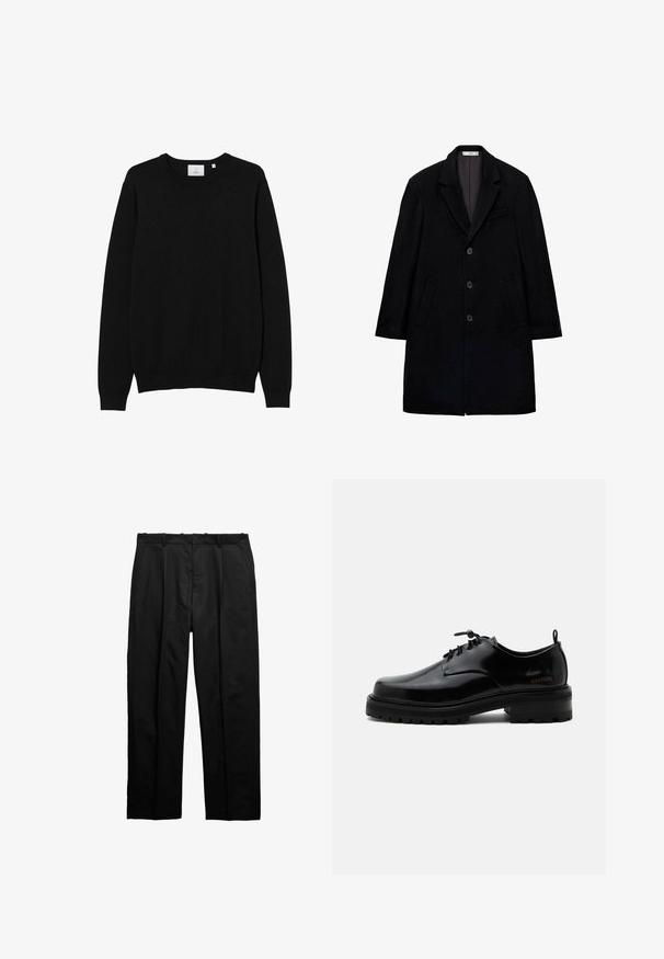 Sort uldfrakke med spids krave, tre-knaps lukning, to sidelommer og en enkelt brystlomme. Struktureret form, tekstureret stof.; Sort crew-neck sweater lavet af et glat strikket stof. Har lange ærmer samt ribbede manchetter og kant. Simpelt, ensfarvet design uden mønstre.; Sorte formelle bukser med plisser, bæltestropper og sidelommer, lagt fladt mod en hvid baggrund.; Sort poleret læder snørestøvle med tyk gummisål og lav hæl, sideskilt med mærketekst "SAMSOE" og bageste træksnor.