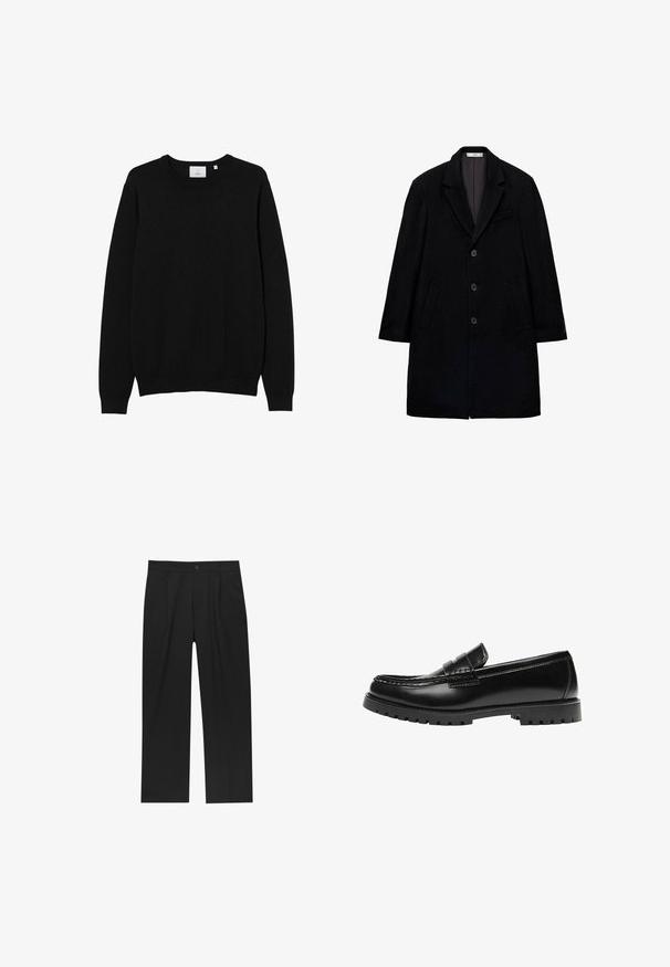 Sort uldfrakke med spids krave, tre-knaps lukning, to sidelommer og en enkelt brystlomme. Struktureret form, tekstureret stof.; Sort crew-neck sweater lavet af et glat strikket stof. Har lange ærmer samt ribbede manchetter og kant. Simpelt, ensfarvet design uden mønstre.; Sorte bukser med lige ben, lavet af et glat stof. Har frontfolder og en enkelt knaplukning i taljen.; Sort læderloafer med en kraftig gummisål og klassiske penny-strap detaljer, vist fra ydersiden.