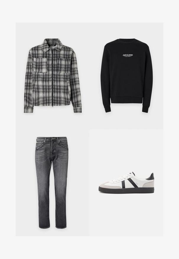 Veste à carreaux grise et noire avec une fermeture éclair à l'avant, deux poches poitrines et un tissu doux et texturé. Présente un col et des manches longues.; Sweatshirt noir en coton, avec un col rond, des poignets côtelés, et un texte logo blanc sur la poitrine. Texture douce, coupe standard.; Jean en denim gris à coupe droite, doté de cinq poches, d'une fermeture à bouton métallique, d'un léger effet délavé et d'une texture lisse.; Baskets blanches avec des accents noirs et gris, présentant un embout texturé gris, une semelle en caoutchouc noir et des lacets plats blancs. Design épuré, style minimaliste.