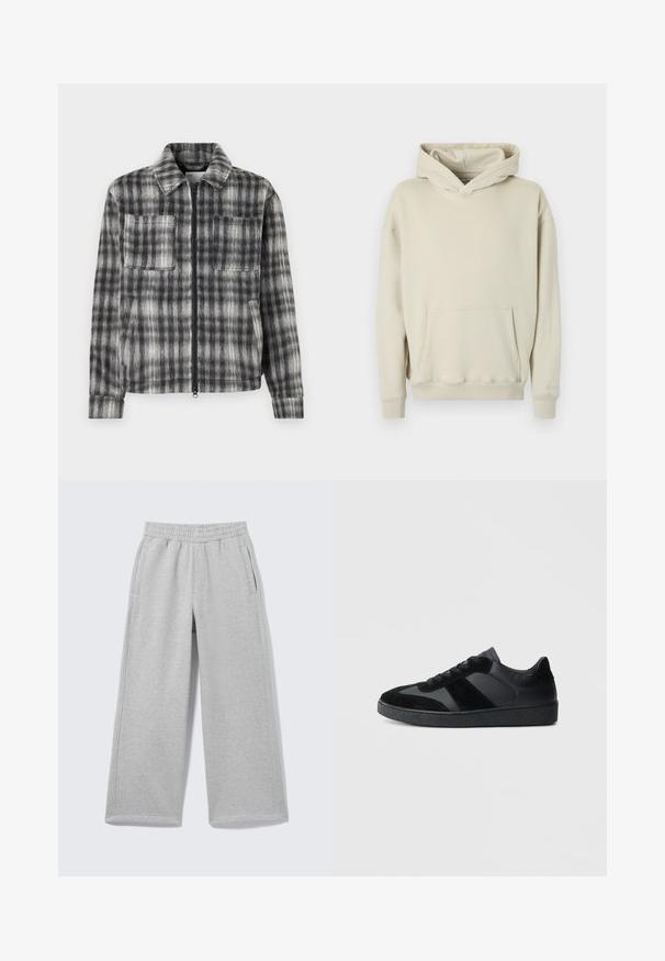Gray and black plaid jacket with a zip front, two chest pockets, and a soft, textured fabric. Features a collared neckline and long sleeves.; Beige hooded sweatshirt made of soft fabric. Features a front kangaroo pocket and ribbed cuffs and hem. Simple, relaxed design.; Light gray wide-leg sweatpants with an elastic waistband and side pockets displayed on a plain background.; Black sneakers featuring a mix of smooth leather and suede materials, with a textured black rubber sole and subtle striping detail.