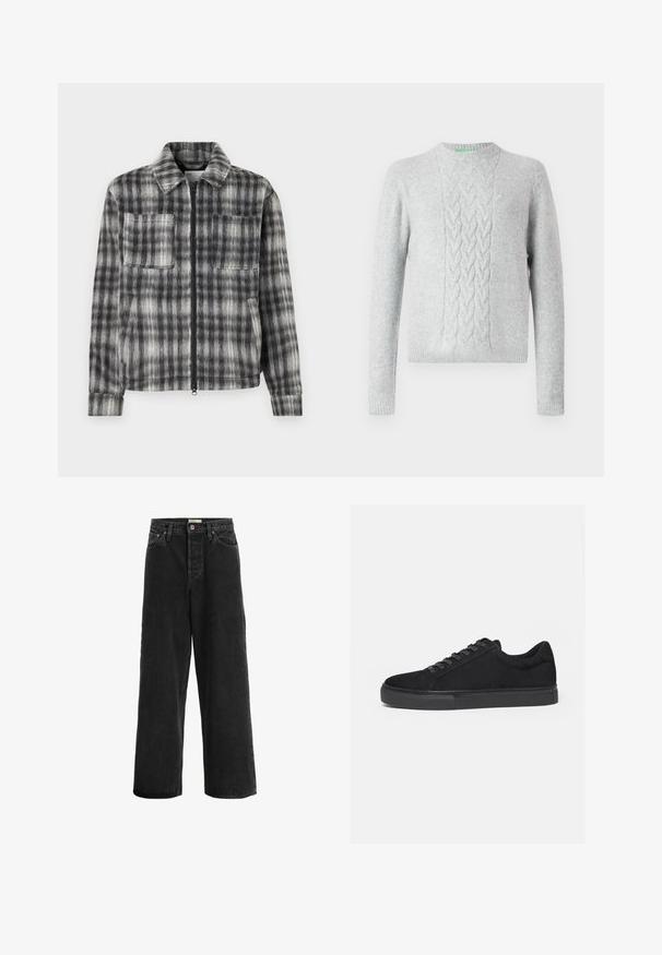 Grå og sort plaid jakke med lynlås foran, to brystlommer og et blødt, tekstureret stof. Har en krave og lange ærmer.; Lysegrå strikket sweater med kabelstrikmønster på brystet, rund hals, lange ærmer og ribbede manchetter og bund. Glat tekstur, minimal branding.; Sorte brede jeans lavet af denim. Har høj talje, to forlommer, knaplukning og diskrete stikninger.; Sort lavtop sneaker med snørelukning foran og flad gummisål, vist fra siden på en hvid baggrund.