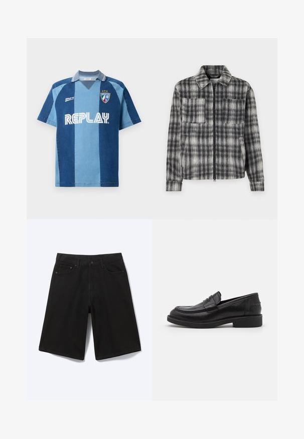 Grå og sort plaid jakke med lynlås foran, to brystlommer og et blødt, tekstureret stof. Har en krave og lange ærmer.; Denim-inspireret jersey med korte ærmer, der har et mørkeblåt og lyseblåt stribet design, V-hals, og "REPLAY" logoet præsenteret tydeligt.; Sorte denim shorts til knæet med frontknap, bæltestropper og fem lommer, vist mod en hvid baggrund.; Sorte læder loafers med en rund tå, tonale syninger og en stropdetalje foran. Gummisål med en lav hæl.