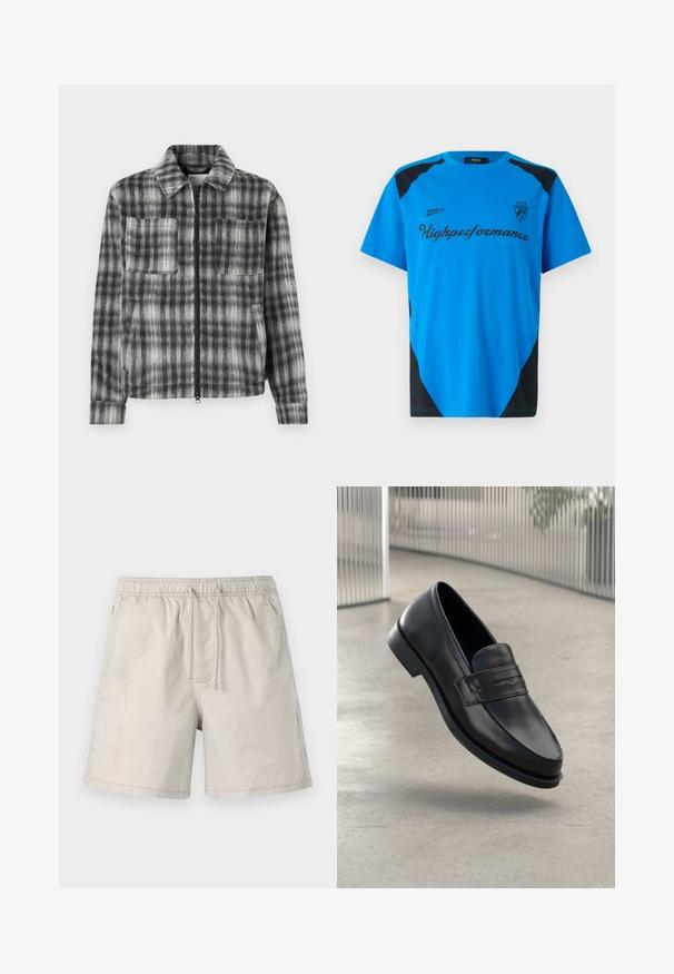 Grau-schwarze Karojacke mit einem Reißverschluss vorne, zwei Brusttaschen und einem weichen, strukturierten Stoff. Sie verfügt über einen kragenlosen Ausschnitt und lange Ärmel.; Replay SHORT SLEEVE GRAPHIC - T-Shirt print - azzurro; Beige Shorts aus leichtem Stoff, mit elasticem Taillenbund, Zugband und Seitentaschen mit kontrastierender Naht.; Schwarzer Lederloafer mit glatter Textur, spitzer Zehe und einem dekorativen Riemen über dem Rist. Leichte Sohle, minimalistisches Design.