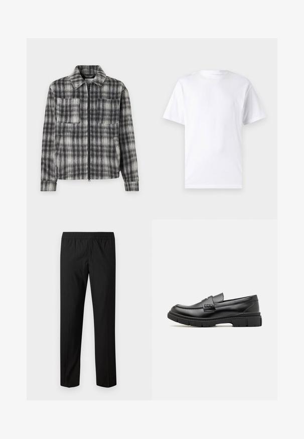 Grå og sort plaid jakke med lynlås foran, to brystlommer og et blødt, tekstureret stof. Har en krave og lange ærmer.; Hvid kortærmet t-shirt lavet af bomuld med rund hals, der har en glat tekstur og et simpelt design uden mønstre eller accenter.; Sorte bukser med lige ben og elastisk taljebånd, ingen synlige lommer eller pynt.; Sort læder loafersko med en bred rem over forfoden, gummisål med tykke mønstre og glat overflade. Klassisk, slankt design.