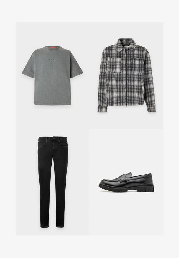 Grå og sort plaid jakke med lynlås foran, to brystlommer og et blødt, tekstureret stof. Har en krave og lange ærmer.; Replay Inc. T-shirts basic - stoned grey; Sorte denim jeans, slim fit, fem-lomme design, synlige syninger, lukning med frontknap og minimalistisk brandingdetalje på baglommen.; Sort læder loafersko med en bred rem over forfoden, gummisål med tykke mønstre og glat overflade. Klassisk, slankt design.