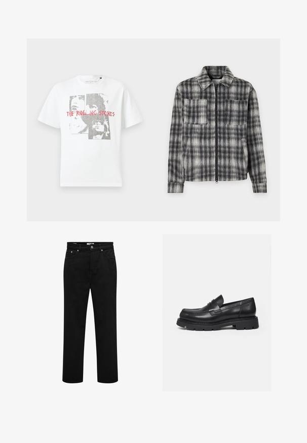 Grå og sort plaid jakke med lynlås foran, to brystlommer og et blødt, tekstureret stof. Har en krave og lange ærmer.; Hvid bomulds T-shirt med et grafisk print af ansigter og teksten "THE ROLLING STONES" i rød. Rund hals og korte ærmer.; Sorte jeans med lige ben, forlommer, bæltestropper, knaplukning og synlige syninger.; Sort læderloafer med tyk rillede sål og penny-remdetalje, vist i højre sideprofil på hvid baggrund.