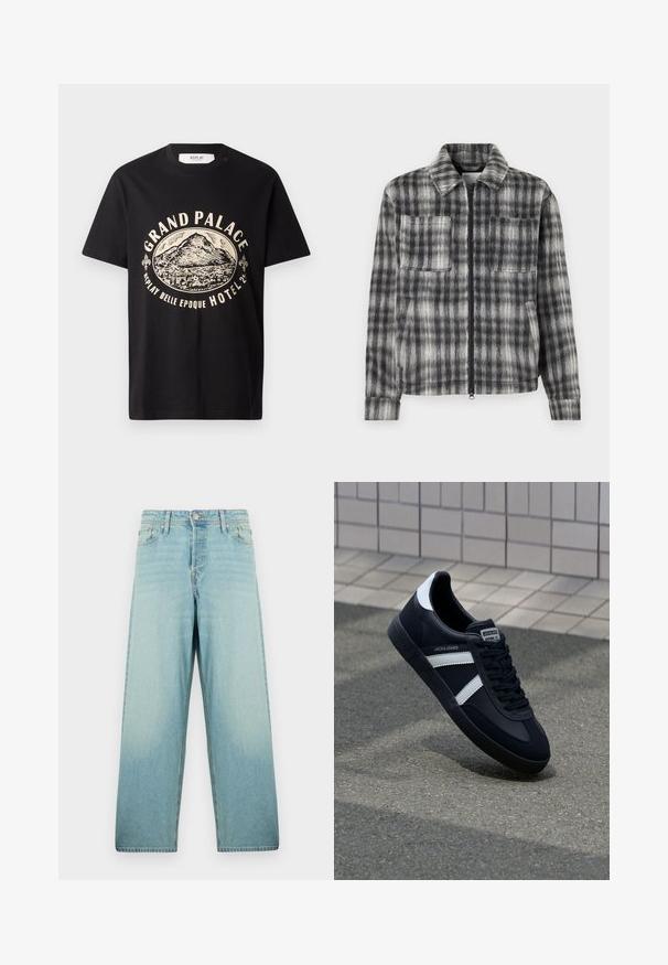 Grå og sort plaid jakke med lynlås foran, to brystlommer og et blødt, tekstureret stof. Har en krave og lange ærmer.; Sort bomulds T-shirt med en beige grafisk print af et bjerg og teksten "Grand Palace Replay Belle Epoque Hotel." Simpelt crew-neck design.; Lyseblå wide-leg jeans lavet af denim med en falmet vask. Har en frontknaplukning og fem lomme-design.; Sort lædersneaker med hvide striber, tekstureret gummisål og snørrebånd foran. Har et brandet mærke på tungen.