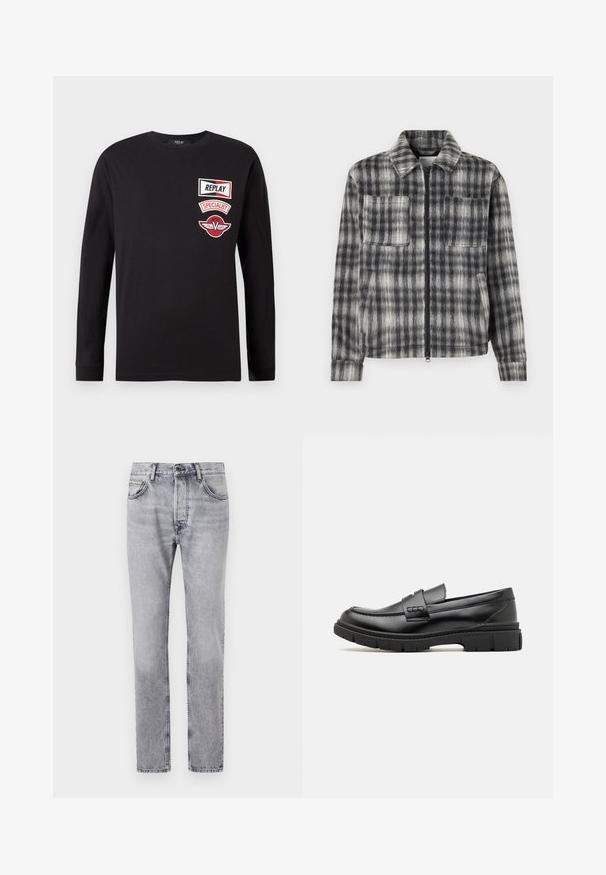 Chaqueta de cuadros en gris y negro con cierre de cremallera en la parte delantera, dos bolsillos en el pecho y una tela suave y texturizada. Presenta un cuello con solapa y mangas largas.; Camisa de manga larga negra con tres parches rojos y blancos en el lado izquierdo del pecho que dicen "REPLAY", "SPECIALIST" y un emblema con alas.; Los vaqueros de mezclilla gris presentan un corte recto, cinco bolsillos y un sutil efecto de desvanecimiento. Cierre de botón metálico y cremallera en la parte delantera.; Mocasin de cuero negro con una cinta ancha en el empeine, suela de goma con tacos gruesos y textura suave. Diseño clásico y elegante.