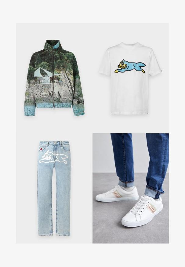 Jakke med lynlås, der har et fotografisk print af en kystscene med klipper, vand og en struktur; farverne inkluderer grøn, blå og brun.; Hvid bomulds t-shirt med en blå, tegneserieagtig kat med et gult ansigt og skarpe tænder, placeret i en springende stilling.; Icecream RUNNING DOG PANT - Jeans Straight Leg - heavy wash blue; Hvide lædersneakers med multicolore striber, snørebåndsdesign, gummisål og polstret krave, parret med blå denimjeans.