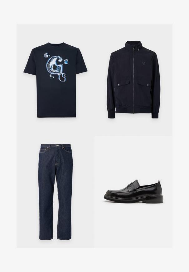 Chaqueta de punto navy con cremallera fabricada en tejido ligero, con un alto cuello, dos bolsillos delanteros y puños acanalados. Presenta un logo sutil en el pecho.; Camiseta de algodón negra con una letra "G" en estilo metálico brillante y burbujas en tonos de azul. Tienes mangas cortas y un ajuste clásico.; Jeans de mezclilla azul oscuro con un diseño de pierna recta. Cuenta con un cierre de botón y cremallera, cinco bolsillos y detalles de costura en contraste.; Calvin Klein MOCCASIN - Mocasines elegantes - black