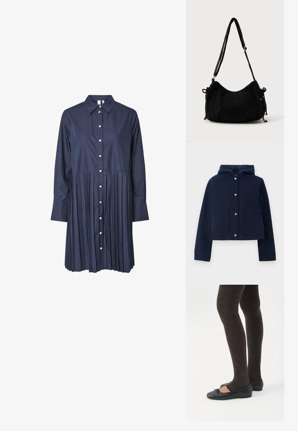 Marineblauwe hoodie met lange mouwen, voorzijde met drukknoopsluiting en twee grote voorzakken, weergegeven op een witte achtergrond.; Donkerblauwe shirtjurk met een kraag, lange mouwen, knoopsluiting aan de voorkant en een geplooide rok. Gemaakt van een zachte stof met een gestructureerd ontwerp.; Benen met donkere geribbelde leggings gecombineerd met zwarte ballerina's met kleine strikdetails op een witte achtergrond.; Zwarte corduroy schoudertas met een gebogen vorm, een verstelbare schouderband en trekkoordsluitingen aan beide zijkanten voor maataanpassing.