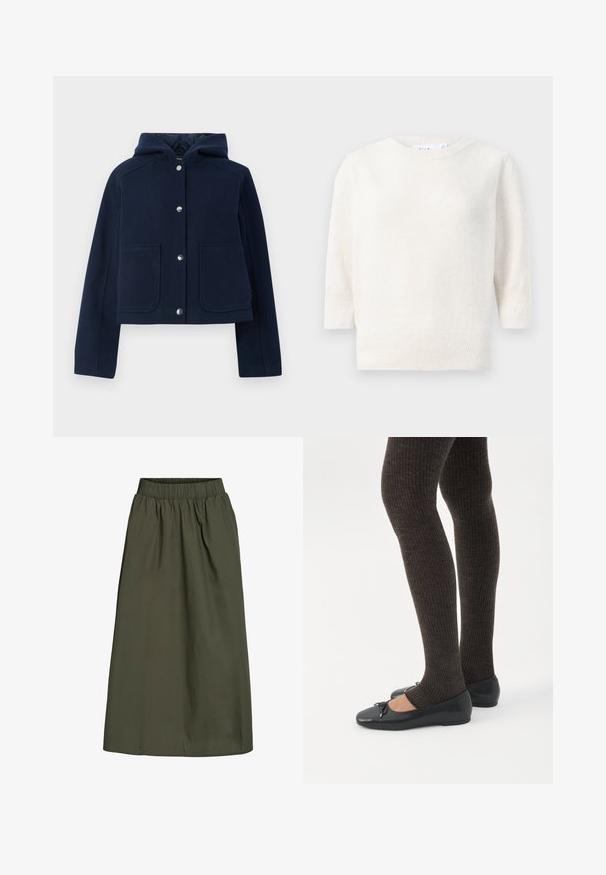 Veste à capuche bleu marine avec manches longues, boutons-pression à l'avant et deux grandes poches à l'avant, présentée sur un fond blanc.; Pull en tricot blanc avec un col rond, des manches mi-longues et un ourlet côtelé. Texture douce, tissu léger et sans motifs visibles.; Jupe olive, longueur cheville avec taille élastique froncée et une texture de tissu lisse, légèrement froissée.; Jambes portant des leggings côtelés foncés associés à des ballerines noires avec de petits détails en nœud sur fond blanc.