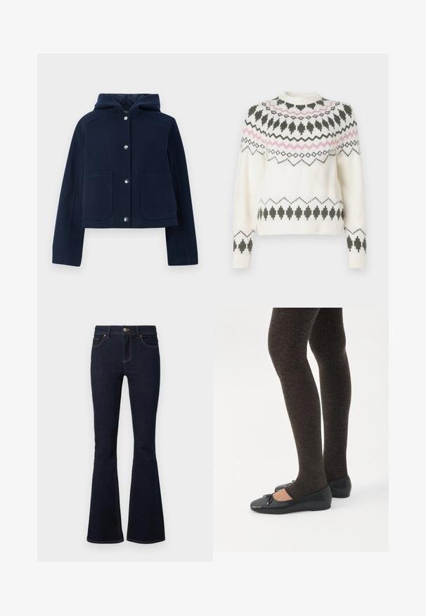 Veste à capuche bleu marine avec manches longues, boutons-pression à l'avant et deux grandes poches à l'avant, présentée sur un fond blanc.; Pull en tricot blanc avec des motifs géométriques noirs et roses sur la poitrine, les manches et l'ourlet, présentant un col rond et des poignets côtelés.; Jean évasé bleu marine en denim, avec une taille ajustée, un design classique à cinq poches et des coutures contrastantes le long des coutures.; Jambes portant des leggings côtelés foncés associés à des ballerines noires avec de petits détails en nœud sur fond blanc.