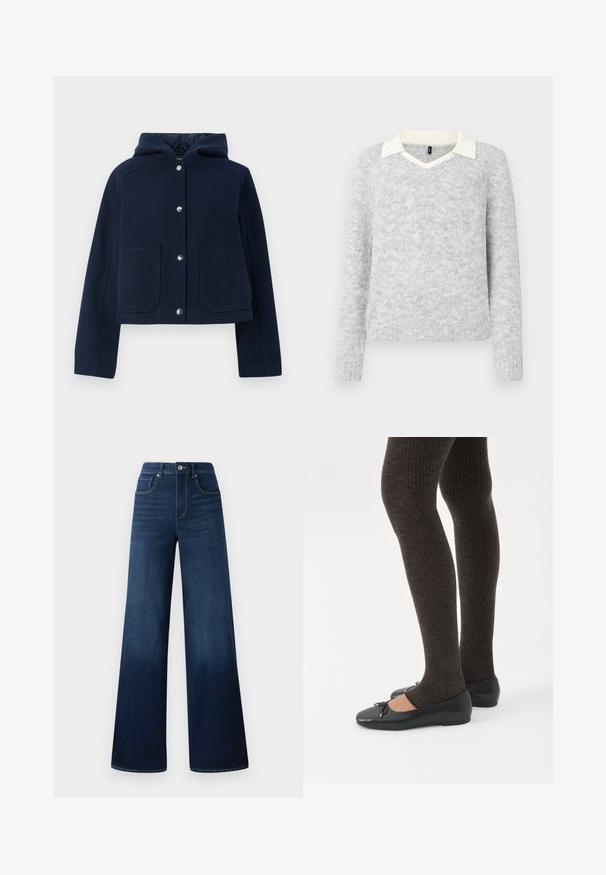 Marineblauwe hoodie met lange mouwen, voorzijde met drukknoopsluiting en twee grote voorzakken, weergegeven op een witte achtergrond.; Lichtgrijze gebreide trui met lange mouwen, voorzien van een witte V-hals kraagdetail, geribbelde onderkant en manchetten, weergegeven op een witte achtergrond.; Wide-leg donkerblauwe jeans van denim, met een hoge taille, vijf zakken en contrasterende stiksels langs de naden.; Benen met donkere geribbelde leggings gecombineerd met zwarte ballerina's met kleine strikdetails op een witte achtergrond.