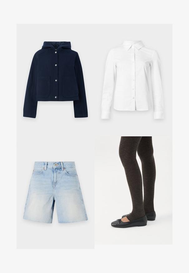 Marineblauwe hoodie met lange mouwen, voorzijde met drukknoopsluiting en twee grote voorzakken, weergegeven op een witte achtergrond.; Witte blouse met lange mouwen en knopen, met puntige kraag, rechte zoom en aansluitende silhouet, weergegeven op een effen lichte achtergrond.; Lichtblauwe denim shorts met een hoge taille, vijf zakken en een knoopsluiting. Heeft subtiele vervaging en stevige stiksels.; Benen met donkere geribbelde leggings gecombineerd met zwarte ballerina's met kleine strikdetails op een witte achtergrond.