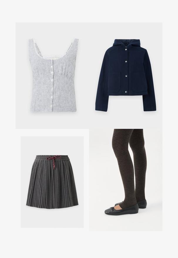 Marineblauwe hoodie met lange mouwen, voorzijde met drukknoopsluiting en twee grote voorzakken, weergegeven op een witte achtergrond.; Witte en grijze verticaal gestreepte zonder mouwen button-up top met brede bandjes en een aansluitende buste, weergegeven op een effen achtergrond.; Donkergrijze geplooide rok met een elastische tailleband en een gebonden bordeaux koord aan de voorkant in het midden.; Benen met donkere geribbelde leggings gecombineerd met zwarte ballerina's met kleine strikdetails op een witte achtergrond.