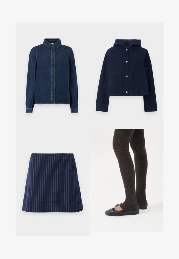 Marineblå hættetrøje med lange ærmer, frontknapper og to store forlommer, præsenteret på en hvid baggrund.; Mørkeblå denimskjorte med klassisk krave, frontknapper og lange ærmer med samlede manchetter. Har kontraststing overalt.; Marineblå nederdel med tynde hvide lodrette striber og en lige, over-knæ længde, præsenteret på en ensfarvet hvid baggrund.; Ben iført mørke ribbede leggings kombineret med sorte balletsko med små sløjfedetaljer på hvid baggrund.