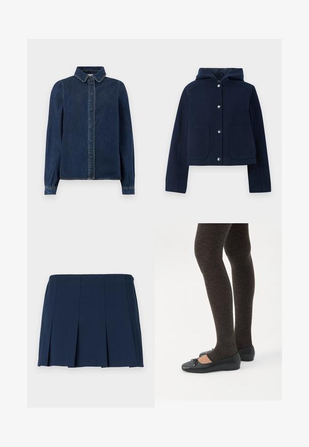 Marineblå hættetrøje med lange ærmer, frontknapper og to store forlommer, præsenteret på en hvid baggrund.; Mørkeblå denimskjorte med klassisk krave, frontknapper og lange ærmer med samlede manchetter. Har kontraststing overalt.; Mørkeblå, plisseret mini nederdel med en lige talje, lavet af et glat stof. Har lodrette syninger langs plisseringerne.; Ben iført mørke ribbede leggings kombineret med sorte balletsko med små sløjfedetaljer på hvid baggrund.