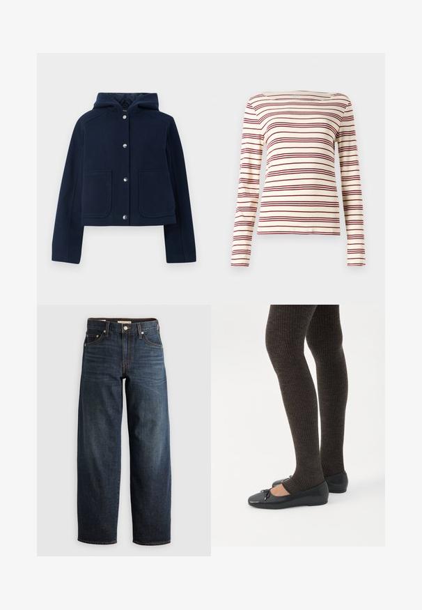 Chaqueta con capucha de color azul marino, con mangas largas, botones a presión en la parte delantera y dos grandes bolsillos frontales, mostrada sobre un fondo blanco.; Blusa de manga larga en crema con rayas horizontales en burdeos; escote barco; tejido suave; diseño ajustado con un ligero estiramiento.; Jeans oscuros de denim, con un diseño de pierna recta, estilo de cinco bolsillos, y acentos de costura superior con cierre de botón.; Piernas con leggings oscuros acanalados combinados con bailarinas negras que presentan pequeños detalles de lazo sobre un fondo blanco.