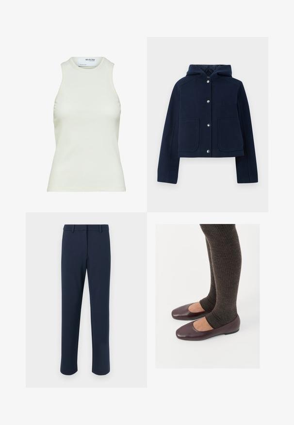 Chaqueta con capucha de color azul marino, con mangas largas, botones a presión en la parte delantera y dos grandes bolsillos frontales, mostrada sobre un fondo blanco.; Camiseta sin mangas blanca acanalada con escote redondo de Selected Femme, mostrando vista frontal sin patrones ni decoraciones.; Pantalones azul marino confeccionados en una tela suave, con corte recto, presillas para cinturón y bolsillos frontales, con un diseño limpio y minimalista.; Bailarinas de charol burdeos con diseño de punta cuadrada, combinadas con calcetines de punto acanalado marrón oscuro que llegan a la mitad de la pantorrilla.