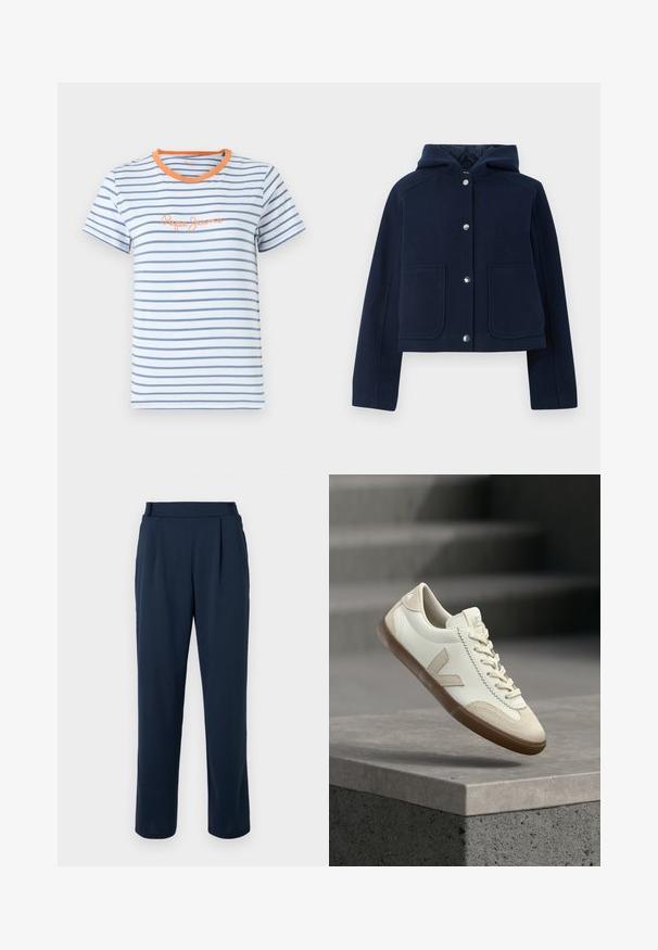 Chaqueta con capucha de color azul marino, con mangas largas, botones a presión en la parte delantera y dos grandes bolsillos frontales, mostrada sobre un fondo blanco.; Camiseta a rayas en azul claro y azul marino, con cuello acanalado naranja y detalle de logo en naranja, mangas cortas, material de algodón.; Pantalones azul marino con diseño de pierna recta, cintura alta, pliegues y una textura suave y lisa. Sin herrajes visibles ni patrones.; Zapatilla blanca y beige con suela de goma flotando sobre una superficie de concreto gris con escaleras desenfocadas al fondo.